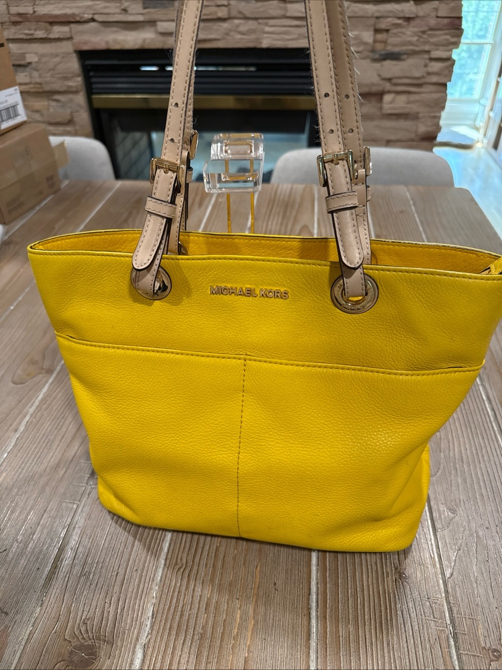 Michael Kors Bedford Med Top Zip Pocket Tote Yellow Leather Shoulder Bag Purse